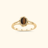 Gold plated Tiger Eye Flower ring met ovale tijgeroog steen en bloemvormig design – Josephina Jewelry